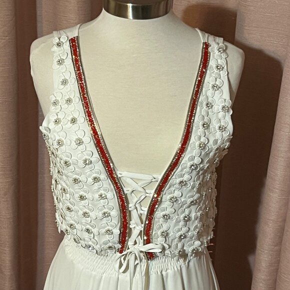 Monaco Boho-Style White M Maxi Dress Pearl Lace High-Low Corset Made in France - Picture 2 of 16